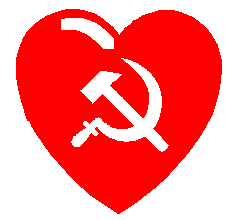 A red heart with a yellow hammer and sickle on it